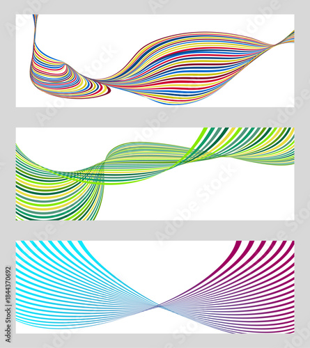 Wavy lines or ribbons. Set of 3 backgrounds. Multicolored striped gradient. Creative unusual background with abstract gradient wave lines to create a trendy banner, poster. vector