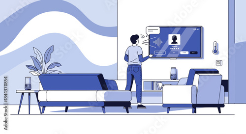 Smart home voice assistant control in a modern living room, person using voice commands to