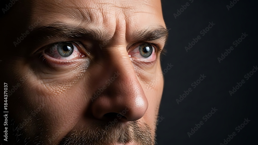 Fototapeta premium Intense close-up of a man's expressive eyes with furrowed brow on a dark background