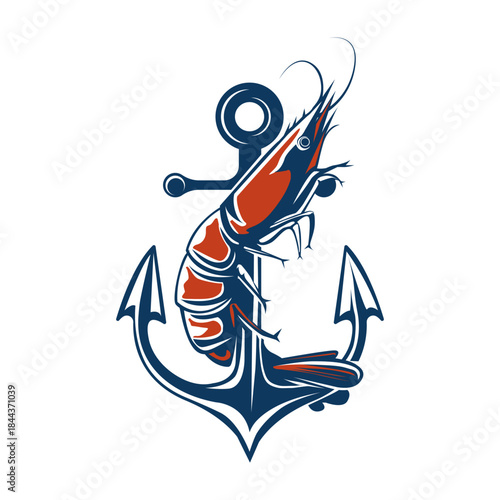 Illustration of a shrimp wrapped around an anchor, combining seafood and nautical elements in a creative marine-themed design. Suitable for seafood restaurants, fishing brands, coastal logos