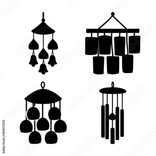Set of four wind chime silhouettes, sound and harmony symbols