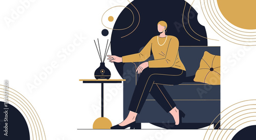 Stylish interior illustration of a woman relaxing in a modern living space with diffuser aroma