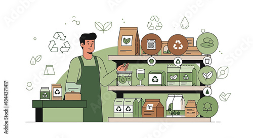 Sustainability focused store scene, showcasing eco friendly products and a conscious retail