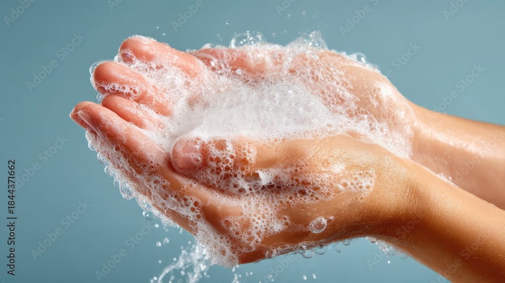 Fototapeta premium Close-Up of Clean Hands with Bubbles Demonstrating Hygiene and Freshness Against a Soft Blue Background