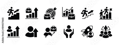 Business man running up the stairs icon with briefcase and chart isolated on white background