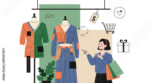 Sustainable fashion boutique with trendy clothing displays and happy customer illustration