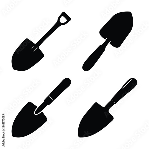 Vector silhouettes of garden hand tools: spades and trowels