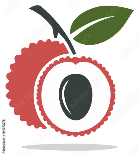 Exotic Lychee Fruit Icon Design with Red Textured Skin, White Flesh, Dark Seed, and Green Leaf