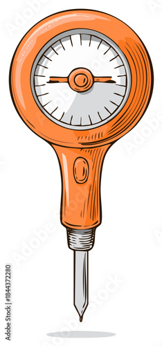 Orange hand-held soil meter instrument, illustration, for gardening, farming, and plant care
