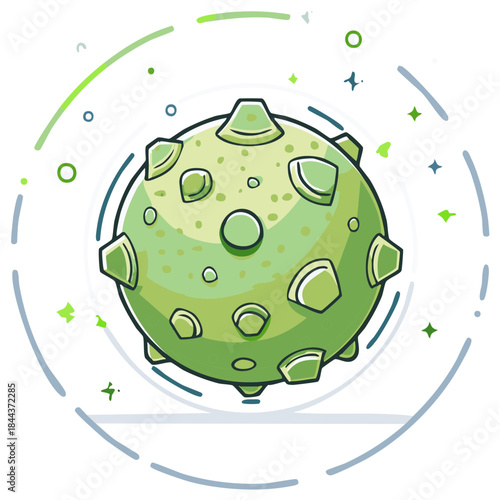 Cartoon green asteroid planetoid with craters and rough surface in cosmic space doodle style