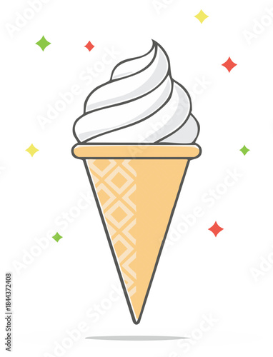 Sweet swirled soft serve ice cream cone in a waffle cone illustration with star accents