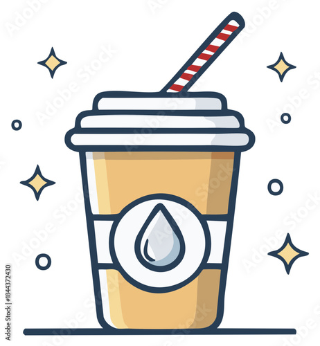 Beverage cup with straw and water droplet, coffee take away, cappuccino disposable packaging with drink to go concept