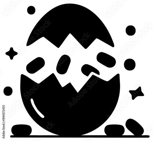 Cracked egg icon with candies spilling out and sparkling particles