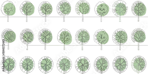 Top-Down View of Various Tree Canopy Illustrations in Circular Green Designs, Nature Graphic Set