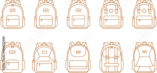 School backpack outline icon set vector illustration for education bag design isolated on white background