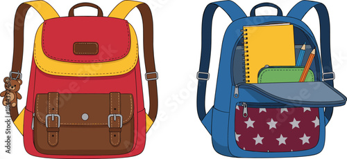 Cute school backpacks with stationery supplies and teddy charm vector illustration for kids education design