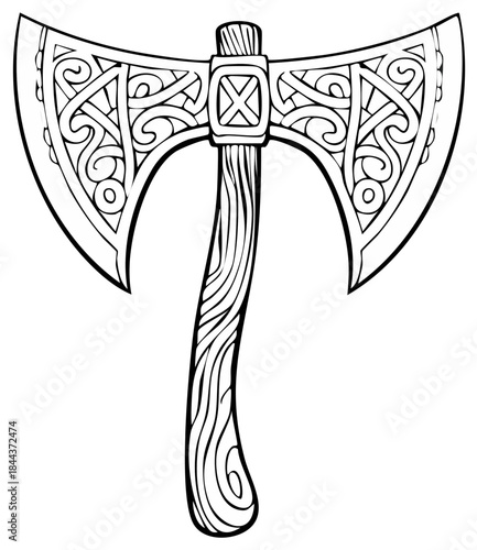 Stylized double bladed battle axe featuring intricate Celtic knotwork design on blades