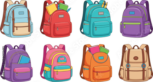 Set of colorful school backpacks with books and stationery vector illustration for kids education design