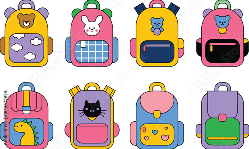 A vibrant vector collection of eight cute student backpacks in bold colors, featuring whimsical animal characters, clouds, dinosaur, and geometric patterns.