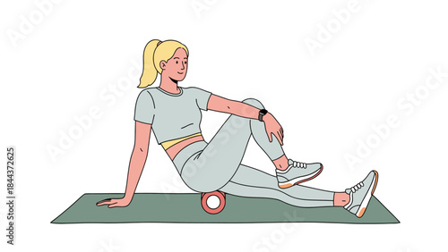 Woman foam rolling on yoga mat illustration