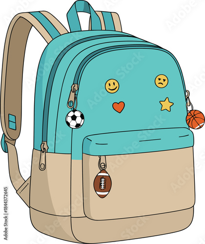 A bright turquoise vector backpack with a beige front pocket, featuring a smiley face patch, heart, star, and fun sports ball hanging charms.