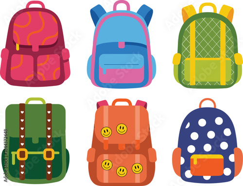 A detailed line vector of a teal and beige backpack adorned with a smiling face patch, heart, star, and three miniature sports ball zipper charms.
