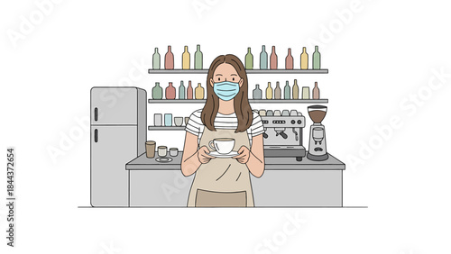 Woman barista wearing face mask illustration