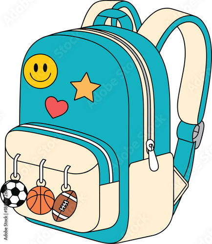 A diverse set of eight brightly colored vector school backpacks with fun patterns, smiley faces, planets, stars, and clouds, perfect for back-to-school marketing.