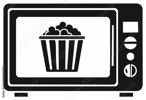 Microwave oven with a bucket of popcorn inside, food preparation icon.