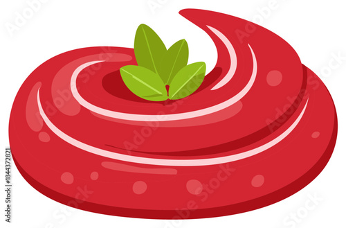 Red sauce swirl with green basil leaves food illustration