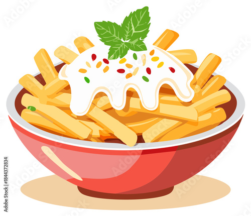 Delicious french fries with white sauce, sprinkles, and fresh mint leaves in a bowl