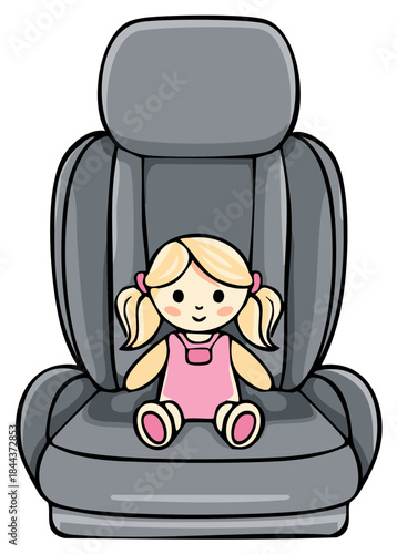 Cute Cartoon Doll Sitting Safely in Car Seat Ready for Adventure