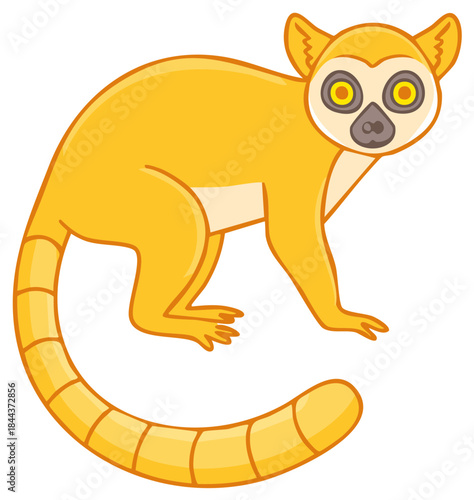 Cute Cartoon Golden Lemur Illustration with Striped Tail and Curious Eyes