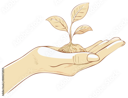Nurturing a fragile seedling in cupped hands, symbolizing growth and new beginnings