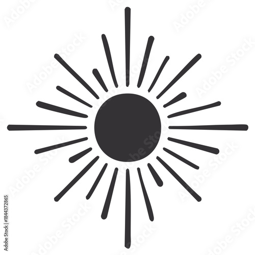 Stylized graphic sun with radiating lines, simple black and white solar illustration