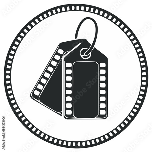 Film reel border enclosing two movie film reel tags on a ring