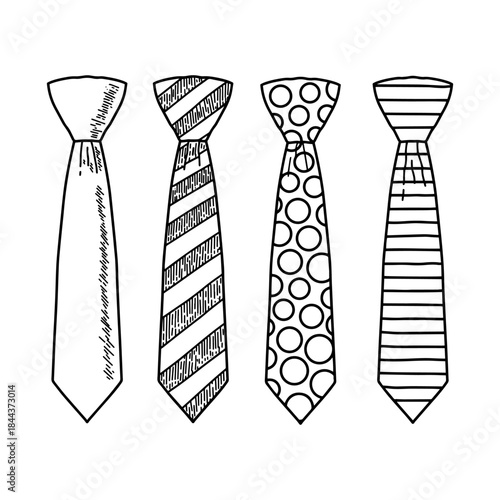 Hand drawn Men's neckties outline set. Doodle neck tie collection with various patterns sketch isolated on white background