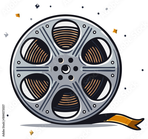 Vintage film reel with orange ribbon and confetti isolated on white background for cinema concept