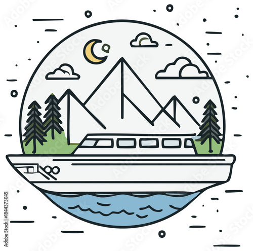 Yacht cruising tranquil waters with mountains and trees under a moonlit sky in a circular modern illustration