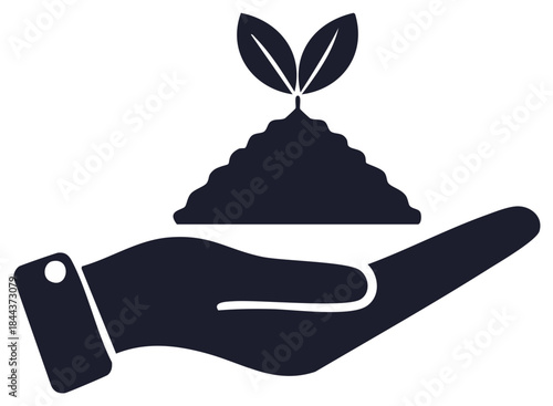 Hand gently holding seedling growing from fertile soil illustration