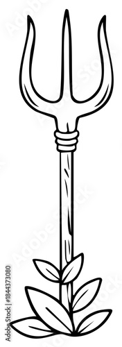 Monochromatic line art illustration of a powerful trident spear with leafy base