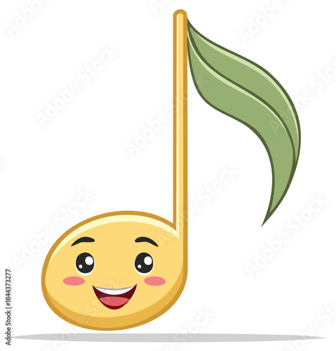 Cheerful Musical Note Character with Smiling Face and Plant Leaf Tail Illustration