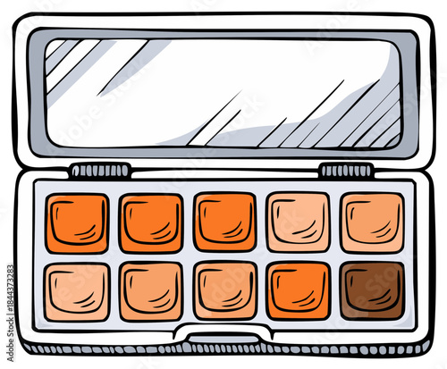 Hand drawn eyeshadow palette with warm earth tones and mirror accessory for makeup application illustration