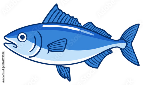 Cartoon illustration of a blue fish swimming, showing its fins, scales and big eye with open mouth
