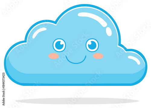 Cute blue cartoon cloud with happy smiling face and rosy cheeks