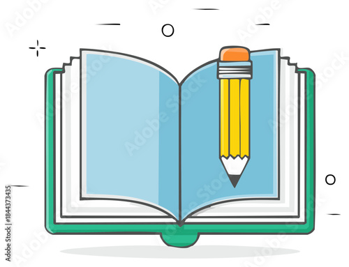 Cartoon of Opened Book and Pencil, Studying, Education, Knowledge, Writing, Reading