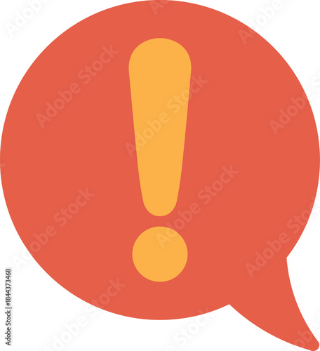 Red speech bubble with orange exclamation mark icon. Warning message speech. Vector. 