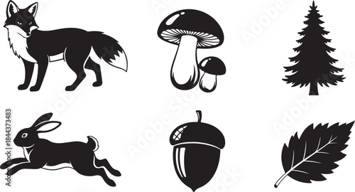Black Silhouette Forest Icons Fox Rabbit Mushrooms Pine Tree Acorn Leaf hare bunny