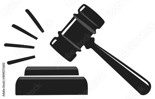 Black silhouette of a judge's gavel striking a sound block representing a final verdict or auction sale
