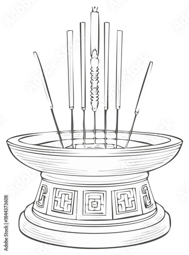 Incense burner with thin sticks and decorative elements, oriental style illustration.